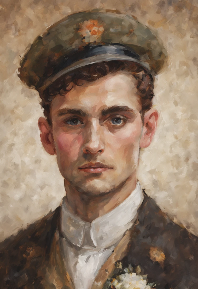 (best quality,4k,highres:1.2),realistic portrait painting,beautiful detailed eyes and lips,detailed face,bright lighting,warm color tones,charming Slavic groom with a curly quiff,forage cap,vest,smiling,wedding theme