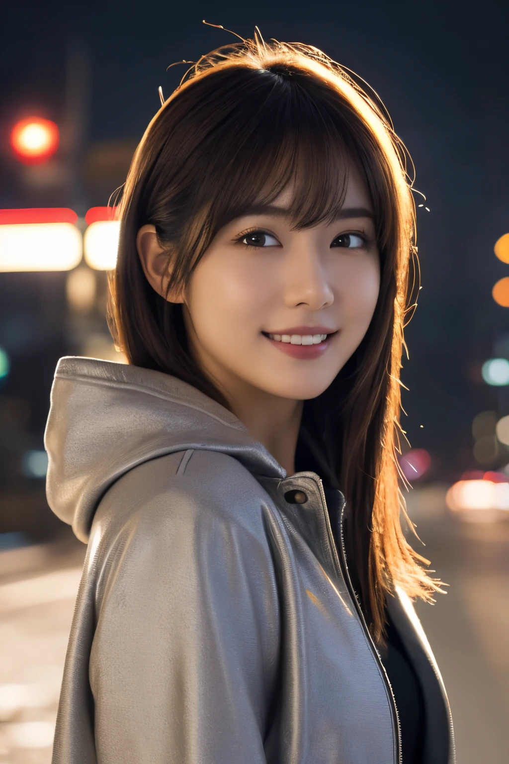 1girl in, (wear a platinum coat:1.2), (Raw photo, Best Quality), (Realistic, Photorealsitic:1.4), masutepiece, Extremely delicate and beautiful, Extremely detailed, 2k wallpaper, amazing, finely detail, the Extremely Detailed CG Unity 8K Wallpapers, Ultra-detailed, hight resolution, Soft light, Beautiful detailed girl, extremely detailed eye and face, beautiful detailed nose, Beautiful detailed eyes, Cinematic lighting, illumination of the city at night, Perfect Anatomy, Slender body, Taut, 
Straight semi-long hair, Bangs, Looking at Viewer, A slight smil