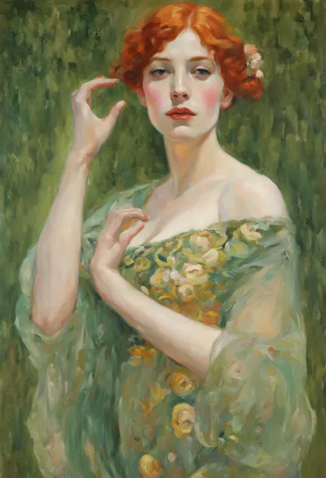 portrait in oil on canvas, portrait of a young beautiful woman, red hair, green eyes, early 20th century, hands raised to the ch...