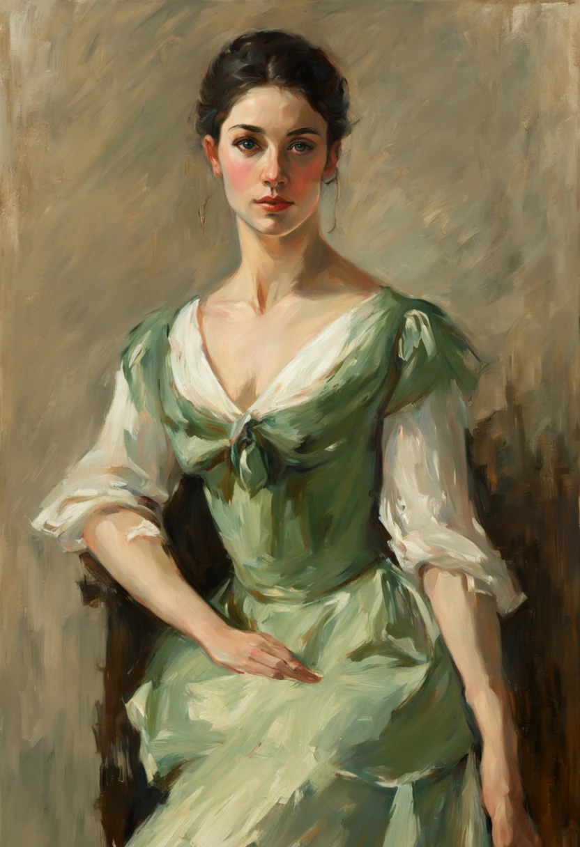 Oil on canvas portrait, portrait of a young beautiful woman, dark hair, green eyes, 19th century, hands raised to the chest, beautiful graceful fingers, correct anatomy, soft light, Sergent style, painting by Greg Rutkowski, Vladimir Volegov