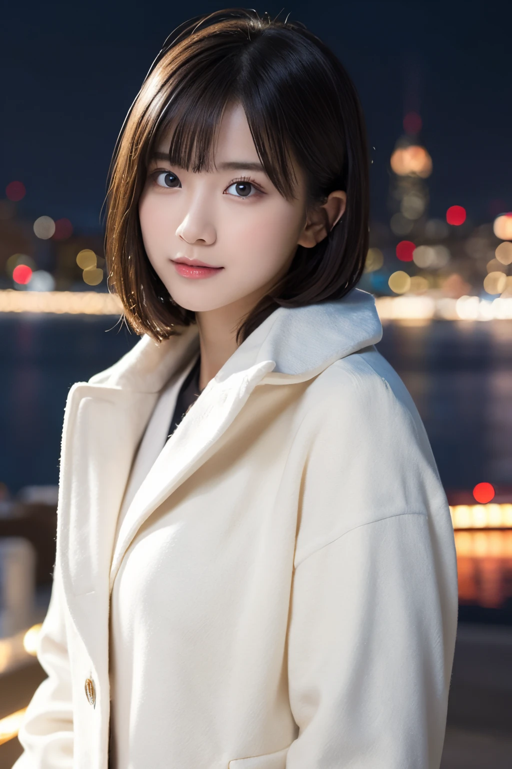 (Transcendent Beautiful Girl:1.2), Nogizaka Idol Photo Collection, ​masterpiece, Highest Quality, winning artwork, Great skin, delicated face, kawaii faces, Young Face, Clean and clean appearance, Twinkle Eyes, double eyelid, Small, Beautiful breasts, ((hight resolution)), ((the Extremely Detailed CG Unity 8K Wallpapers)), Short hair, bangs, Elegant rounded bob, Portrait of a woman wearing a white coat, captivating and enticing, Winter Night View, Illumination brilliance, Fantastic atmosphere