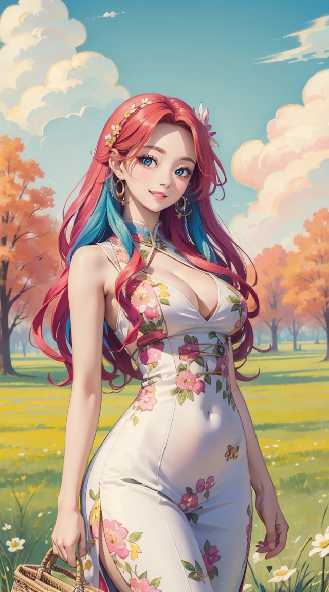 (masterpiece, best quality, ultra-detailed, 8k wallpaper), 1 girl, curvaceous but slender body, colorful spring outfit with intricate details, colorful hair, outdoor, meadows, cloud