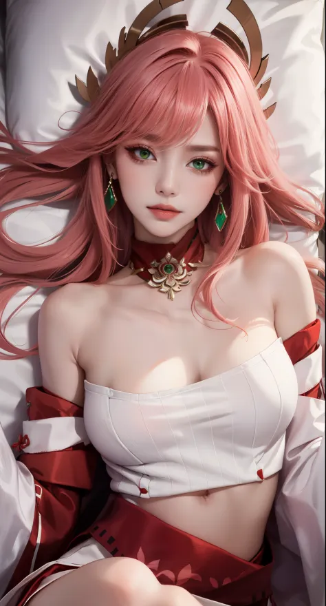 on bed, lying on bed sexy, (Masterpiece, Excellent, 1girl, solo, complex details, color difference), realism, ((medium breath)), off-the-shoulders, big breasts, sexy, Yae Miko, long pink hair, red headdress, red highlight, hair above one eye, green eyes, e...