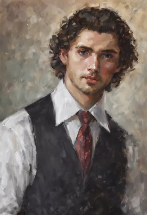 (best quality,ultra-detailed,realistic:1.37), groom, Slavic appearance, handsome man, curly fringe, cap, vest, romantic portrait...