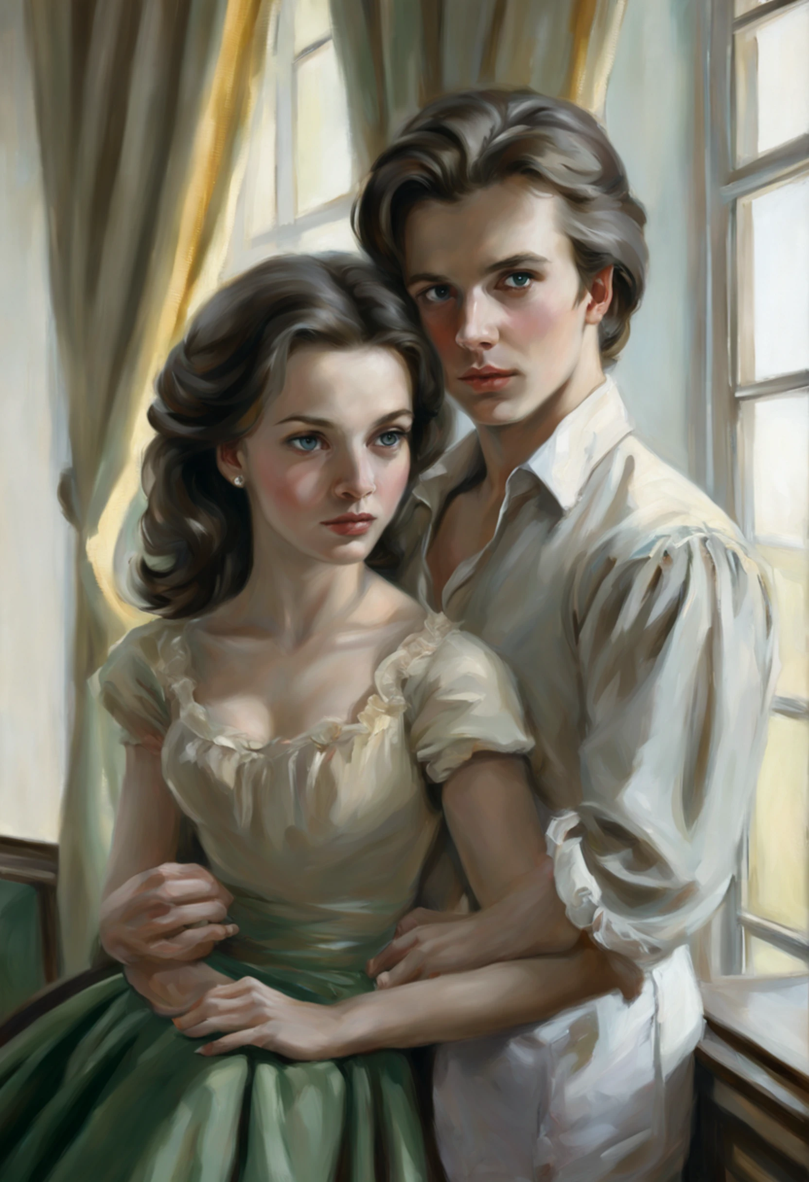 waist-length oil portrait, paired portrait of a young beautiful woman and a young beautiful man, dark hair, green eyes, 19th century, lovers, beautiful graceful fingers, correct anatomy, soft light, Greg Rutkowski style, Vladimir Volegov, background room in the house, beautiful windows, beige drapes