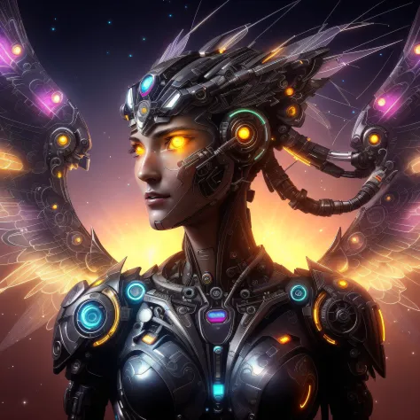a close up of a woman with wings and glowing eyes, beautiful cyborg angel girl, portrait of a cyborg queen, cyborg goddess in co...