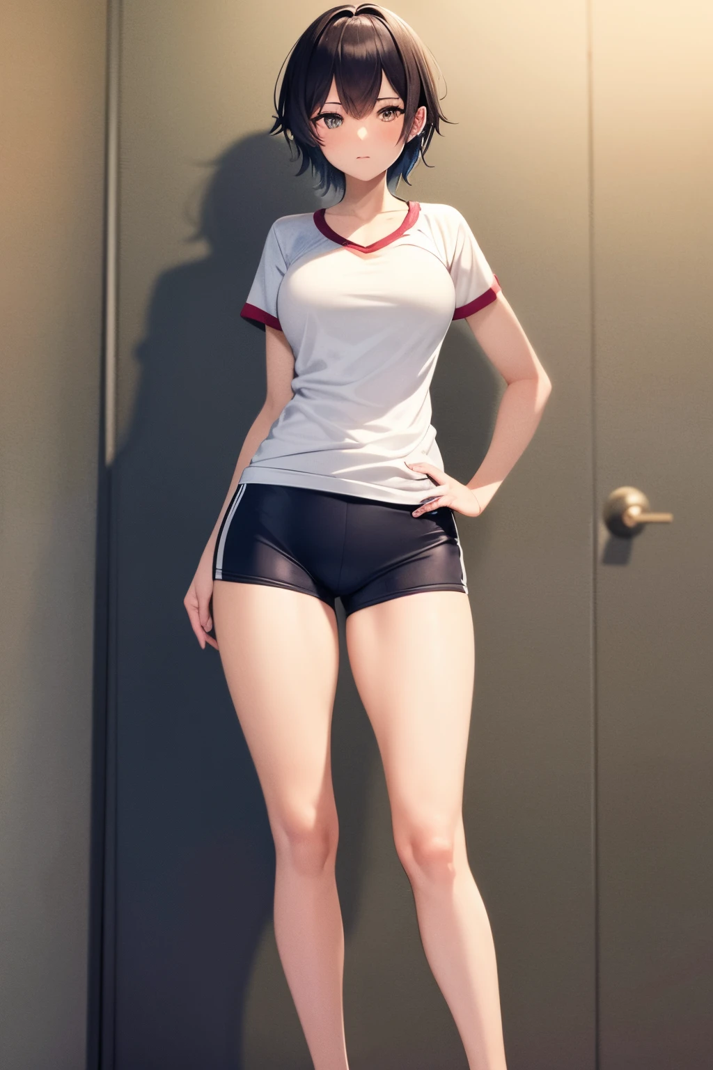 A woman in short shorts and a white shirt posing for a picture - SeaArt AI