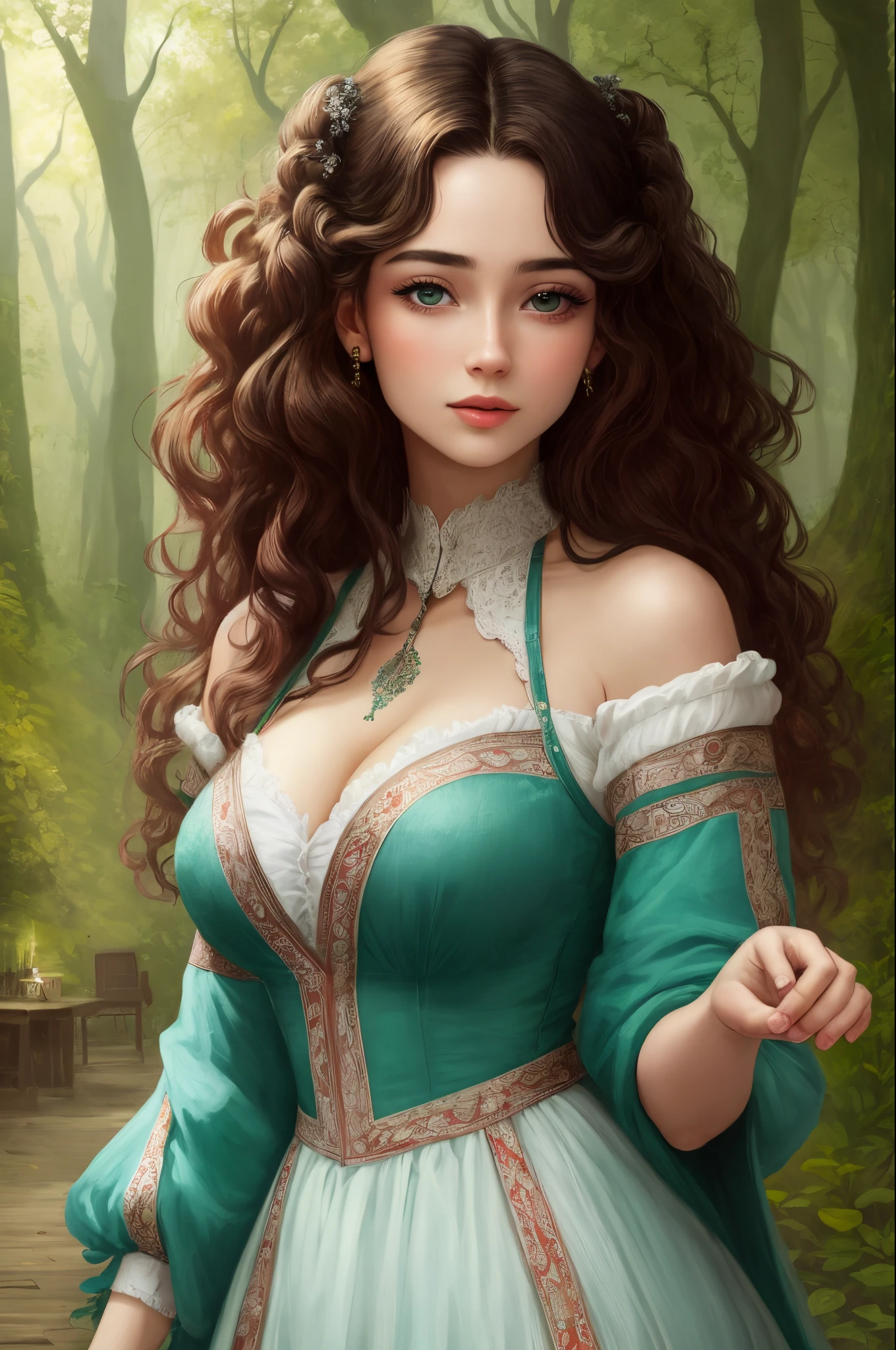 A woman in a green dress is standing in a forest - SeaArt AI