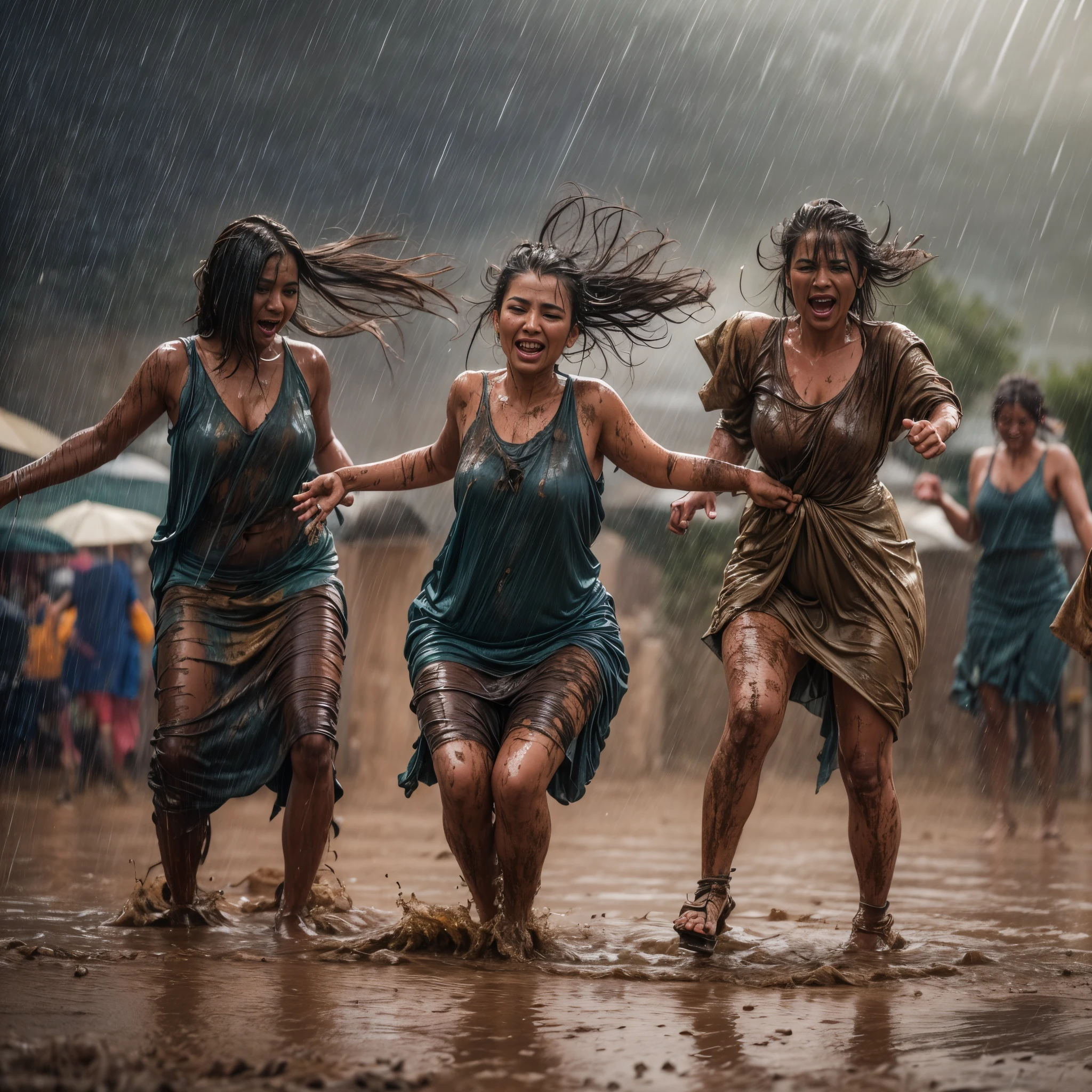 ((best quality)), ((masterpiece)), (detailed), women performing rain dance, desert, muddy ground, stormy skies, heavy downpour, falling rain, rain drops, celebration dance, wet clothes, wet bodies, wet hair, dramatic lighting, winds, rain, mud