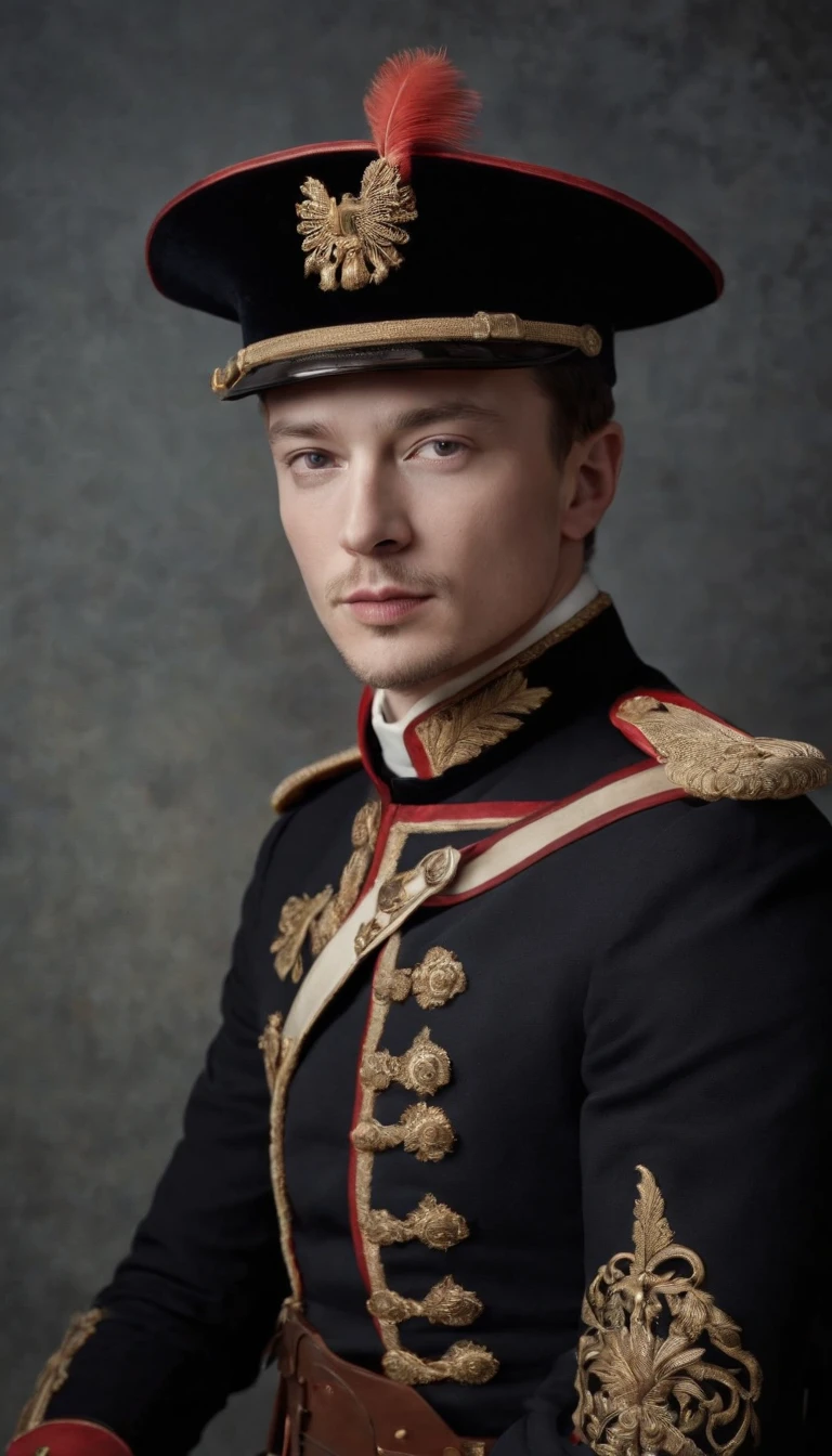 a painting of a man in a black military uniform, imperial portrait ...