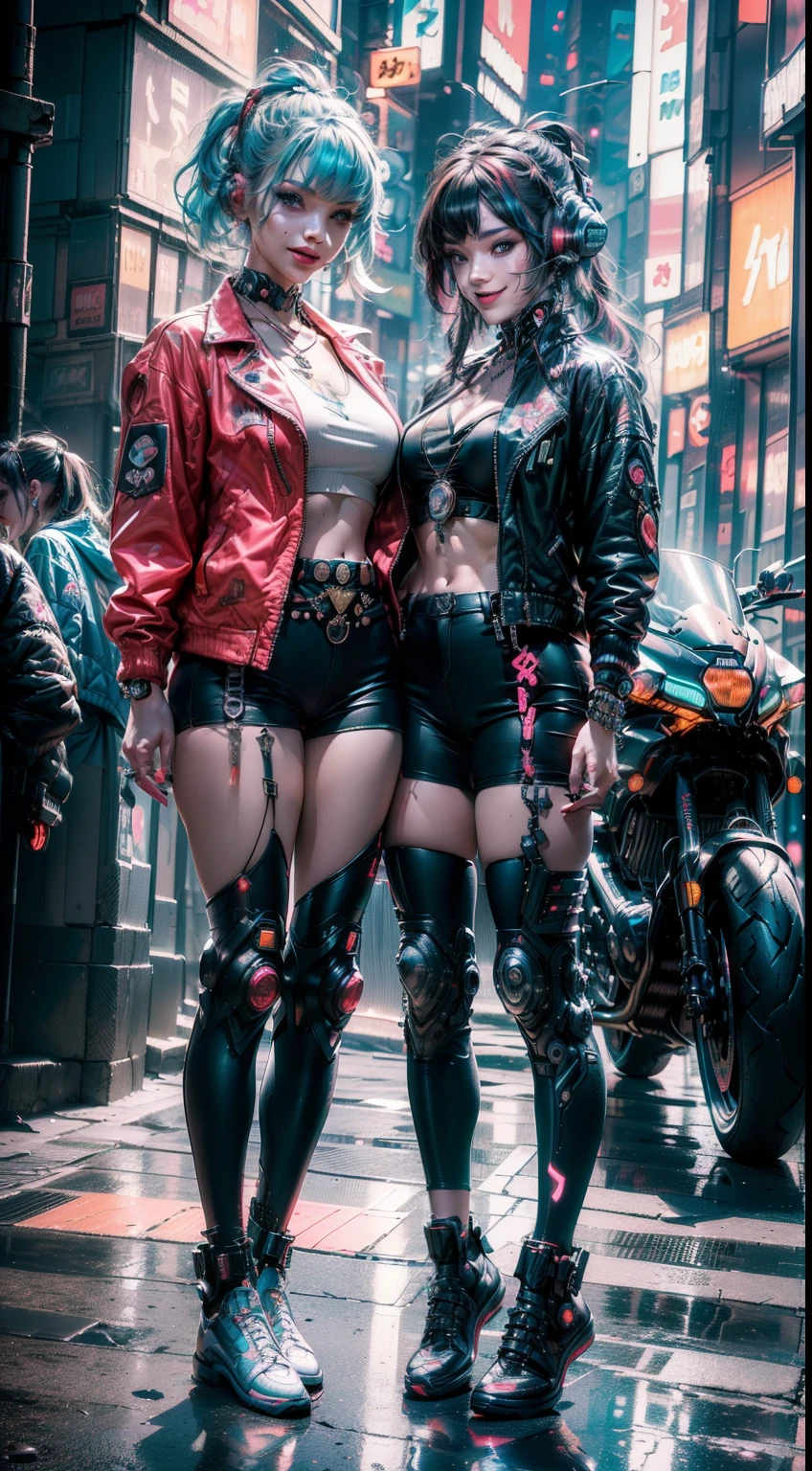 (2 chicas ciberpunk sonrientes posando para una foto), (cara extremadamente detallada), (((peinado teñido de colores, cyberpunk clothing, parado frente a la motocicleta, Calle de la ciudad Cyberpunk de neón, (Chaqueta técnica Harajuku con logos m:1.2)))), arte oficial, fondo de pantalla de unidad 8k, ultra detallado, Estético, obra maestra, mejor calidad, Fotorrealista