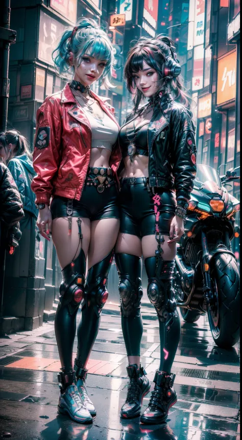 (2 smiling cyberpunk girls posing for photo), (extremely detailed face), (((colorful dyed hairstyle, cyberpunk clothing, standin...