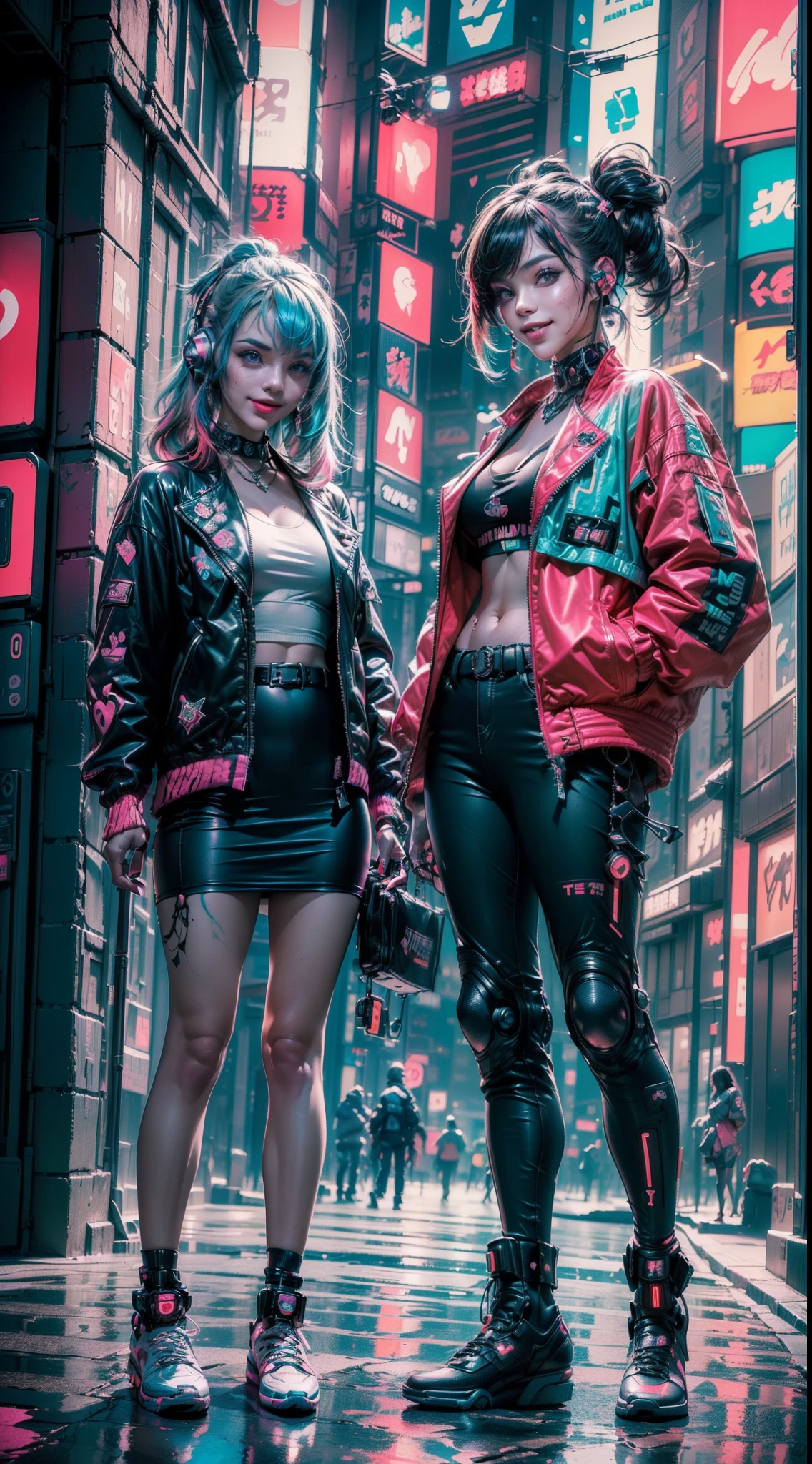 (2 smiling cyberpunk girls posing for photo), ((extremely detailed face)), (((colorful dyed hairstyle, cyberpunk clothing, standing in front of motorcycle, neon cyberpunk city street, (Harajuku tech jacket with logos m:1.2)))), official art, unity 8k wallpaper, ultra detailed, aesthetic, masterpiece, best quality, photorealistic
