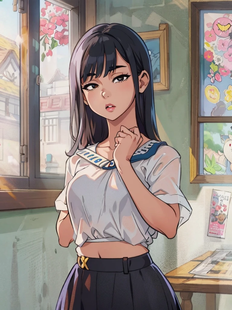 (best quality, masterpiece, illustration:1.1), [[[1girl]]],  asian teenage girl, flatchest, (((narrow monolid asian eyes))), (((very narrow eyes!!))), black eyes, short black hair, wispy bangs, white blouse, [[[black micro bikini]]], beautiful, highly detailed, 4k, perfect body, perfect proportions, rich quality, hd, ultrahd, perfect hands, perfect generated hands, [[[thin]]], (((thin!))), full body