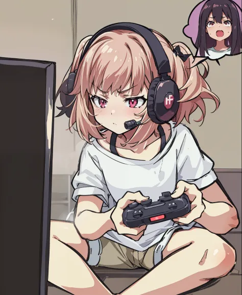 hiquality, tmasterpiece (one girls) rose hair. white tshirt. puffing cheeks. Indignant Face. gaming headphone. Joystick in hand. Beige shorts. Dark screen TV. In the background of the room.