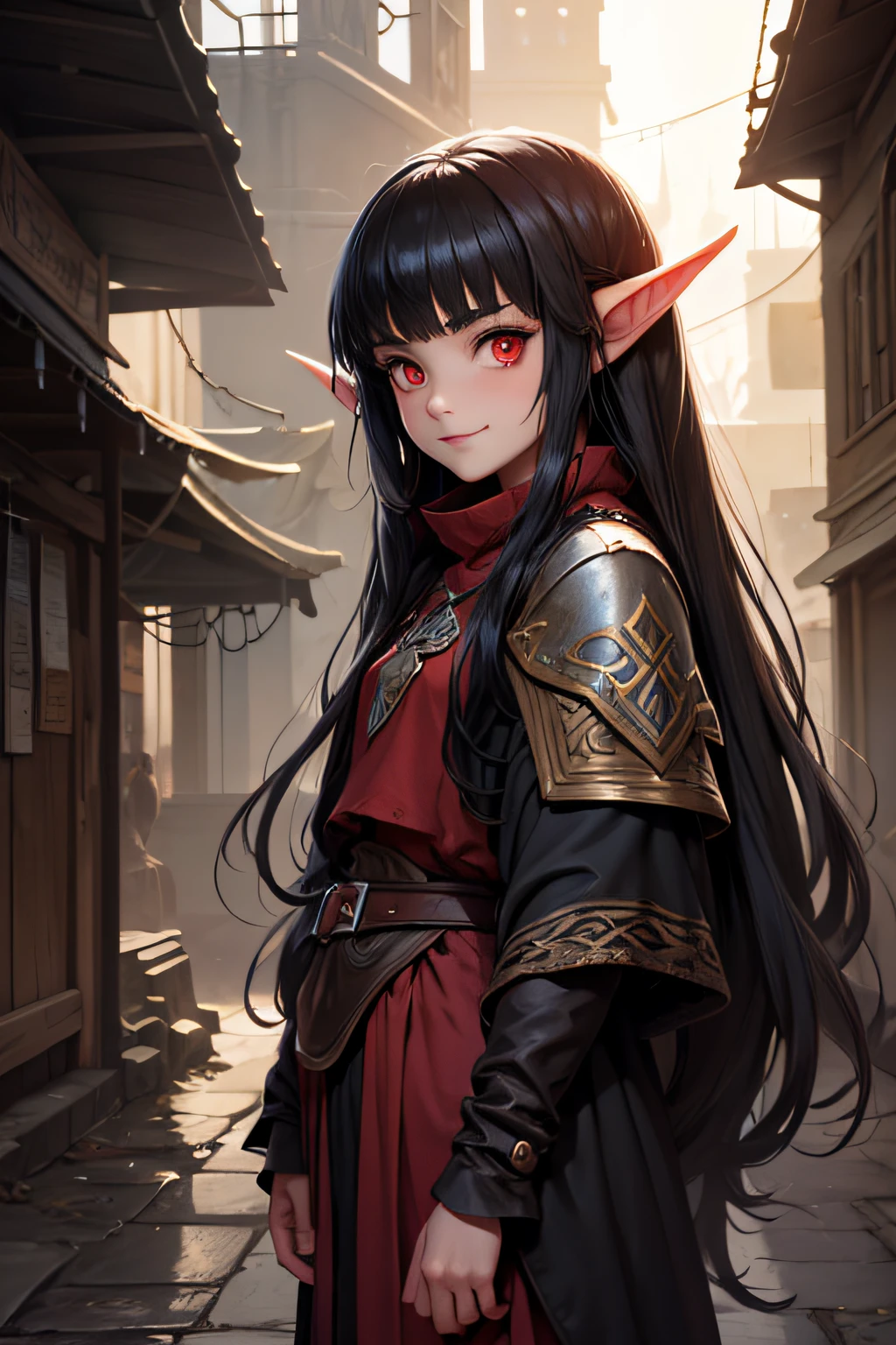 high elf girl, black hair, red eyes, wearing a oversized big poncho that covers the whole body, small, tiny, petite, dirty, in a fantasy city, long hair, bangs, big eyes, young, evil smile, dirty clothing, dirt on clothing, poor, cute