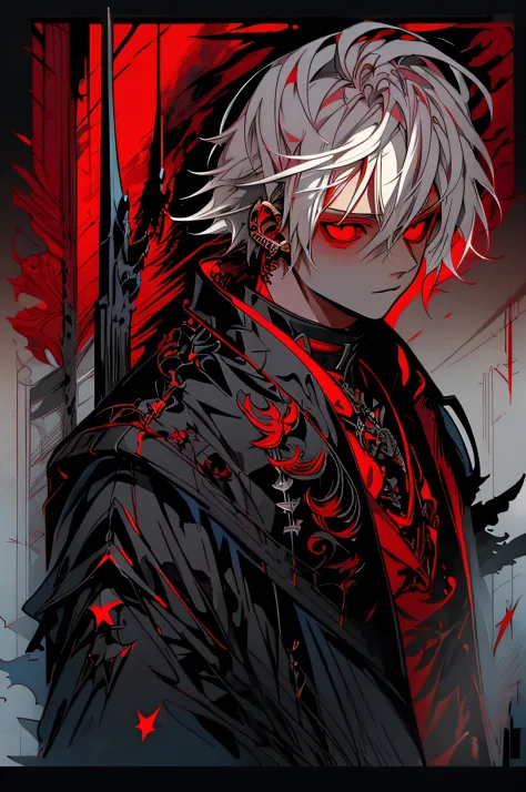 Anime style illustration of a guy with (boy with white hair),(red eyes) (wearing a long black coat), (with open arms),(bone wing...