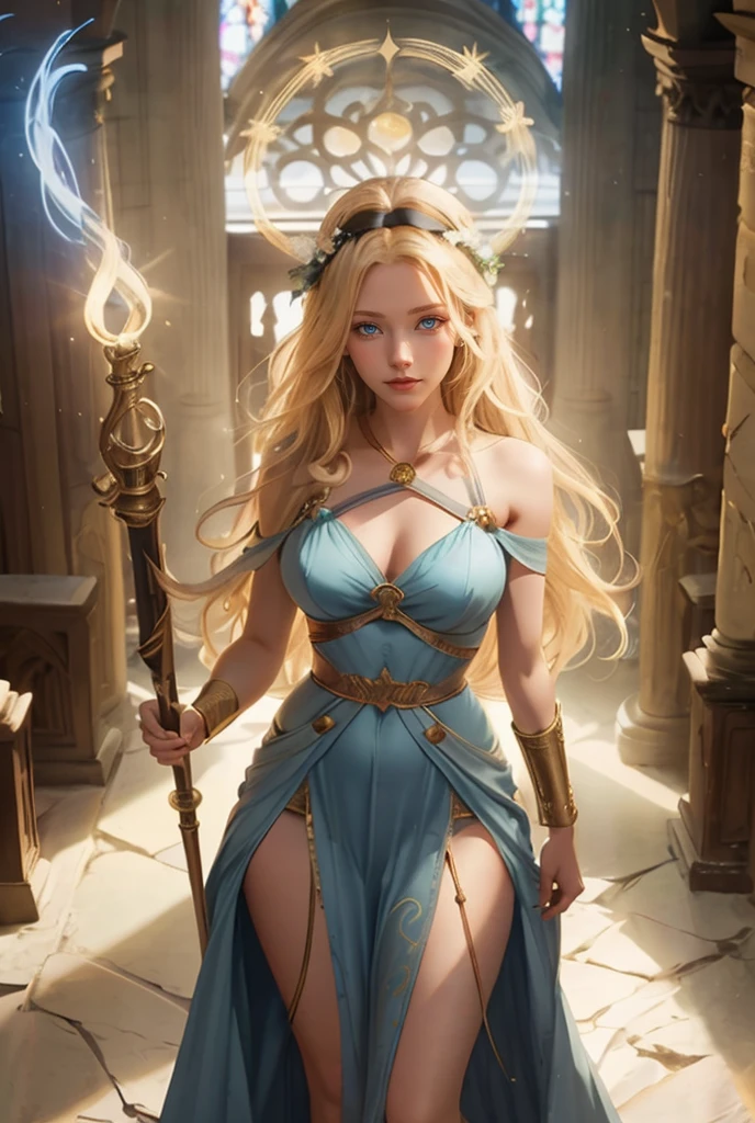 ({full body, solo, from above view, looking at viewer}), standing, textured skin. 1woman, long hair, blonde hair, (middle part hair, hairband). pale-blue eyes, collarbone, {head wreath, laurel wreath, armlets, accessories, off shoulders}, {off white slit dress}, sleeveless, peplos, cleavage, ((holding staff in one hand)), {(magic staff)}, shibari. (in the cathedral), {pelvic curtain}, greek clothes, {{magic circles, magic aura}}, dynamics, volumetric lighting, {{glowing halo, glowing particles}}. masterpiece, best quality, super detail, action