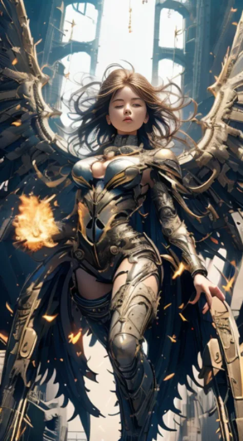 longshot, aerial angle, (mechanical, complex body), 100m tall angel, flying, sing, female round face, close eyes, open legs, ((halo)), ruins of the city, impact, high speed, flame, necklace on fire, lightning, fight scene, (she has 2 machine guns both hand...