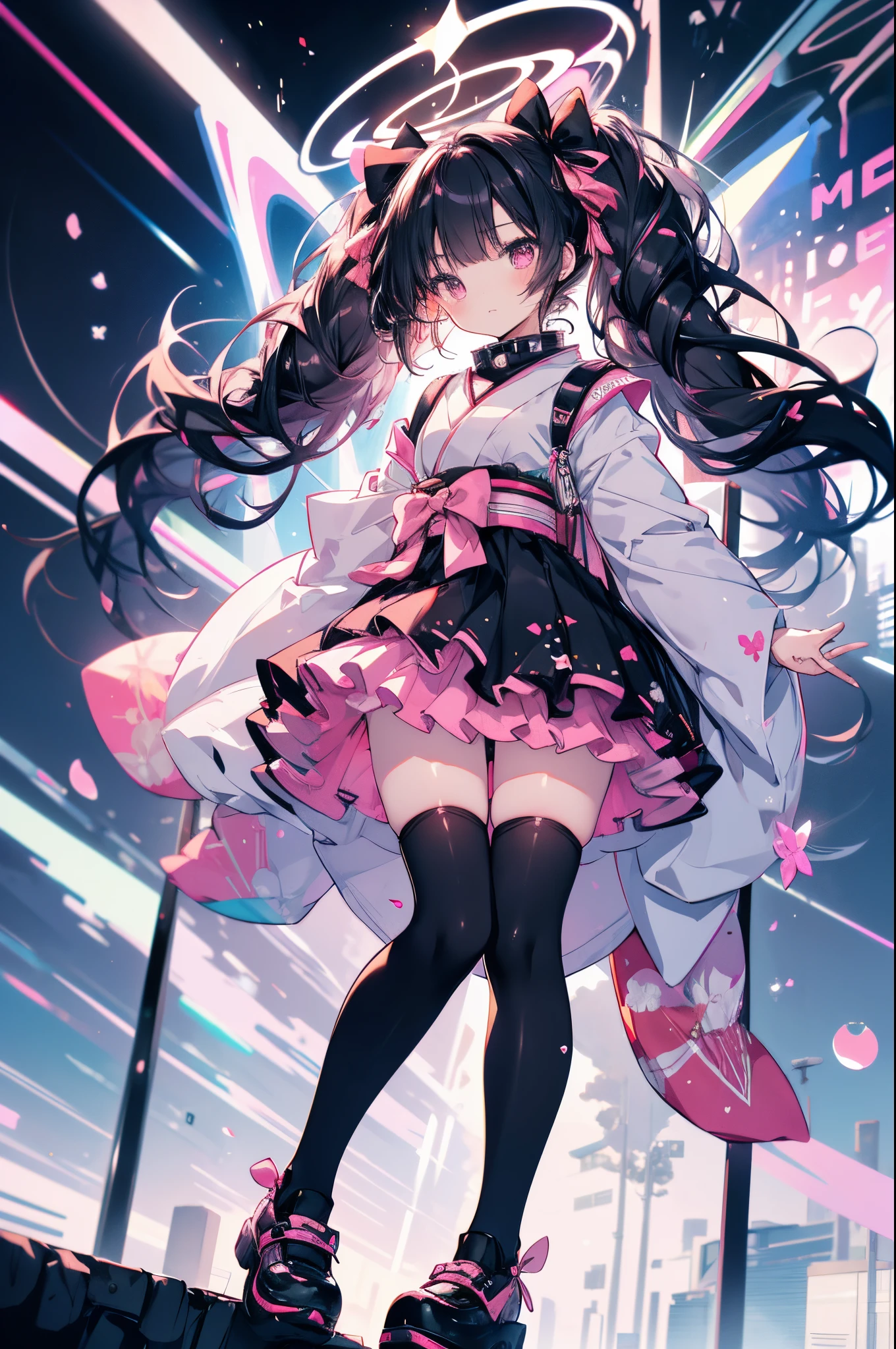 une fille japonaise,Jirai Kei,hauts de cuisse, jupe, cheveux noirs, Twintails, pink jupe, collier, arc, black hauts de cuisse, chaussures noires,black arc, cheveux longs, pink arc, hair arc, spiked collier,