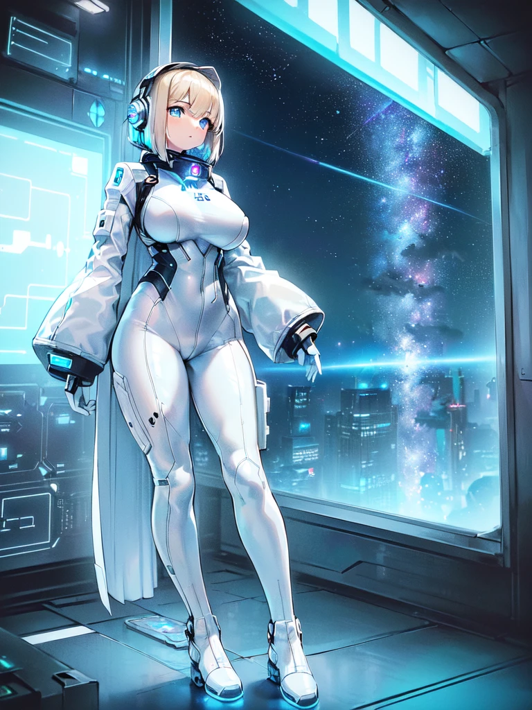 ​masterpiece:1.4, 1girl in ((20yr old, Wearing a futuristic white and silver costume, Tight Fit Bodysuit, long boots, Very gigantic-breasts, Multicolored blonde hair, a short bob, Perfect model body, Blue eyes:1.2, Wearing headphones, Looking out the window of the futuristic sci-fi space station、While admiring the beautiful galaxy:1.2, SFSF control room on night background:1.1, Neon and energetic atmosphere:1.2)) ((Galaxy))