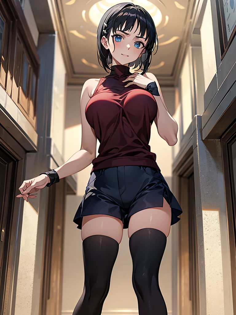 (greatest masterpiece, ultimate quality, ultra-detailed, movie lighting),1girl, solo, super fine illustration, an extremely delicate and beautiful, 8K, 2, short black hair, blue eyes, pale skin, cute smile, wearing tanktop, hot pants, black knee high socks, zettai ryouiki, perfect female body, standing in downtown street, surrounded by crowd of people, dynamic composition, delicate lighting, highly detailed background, Kirigaya Suguha, Suguha, short hair, black hair, dark grey eyes, sword art online, Large breasts, bangs, eyebrows visible through hair, hairclips,