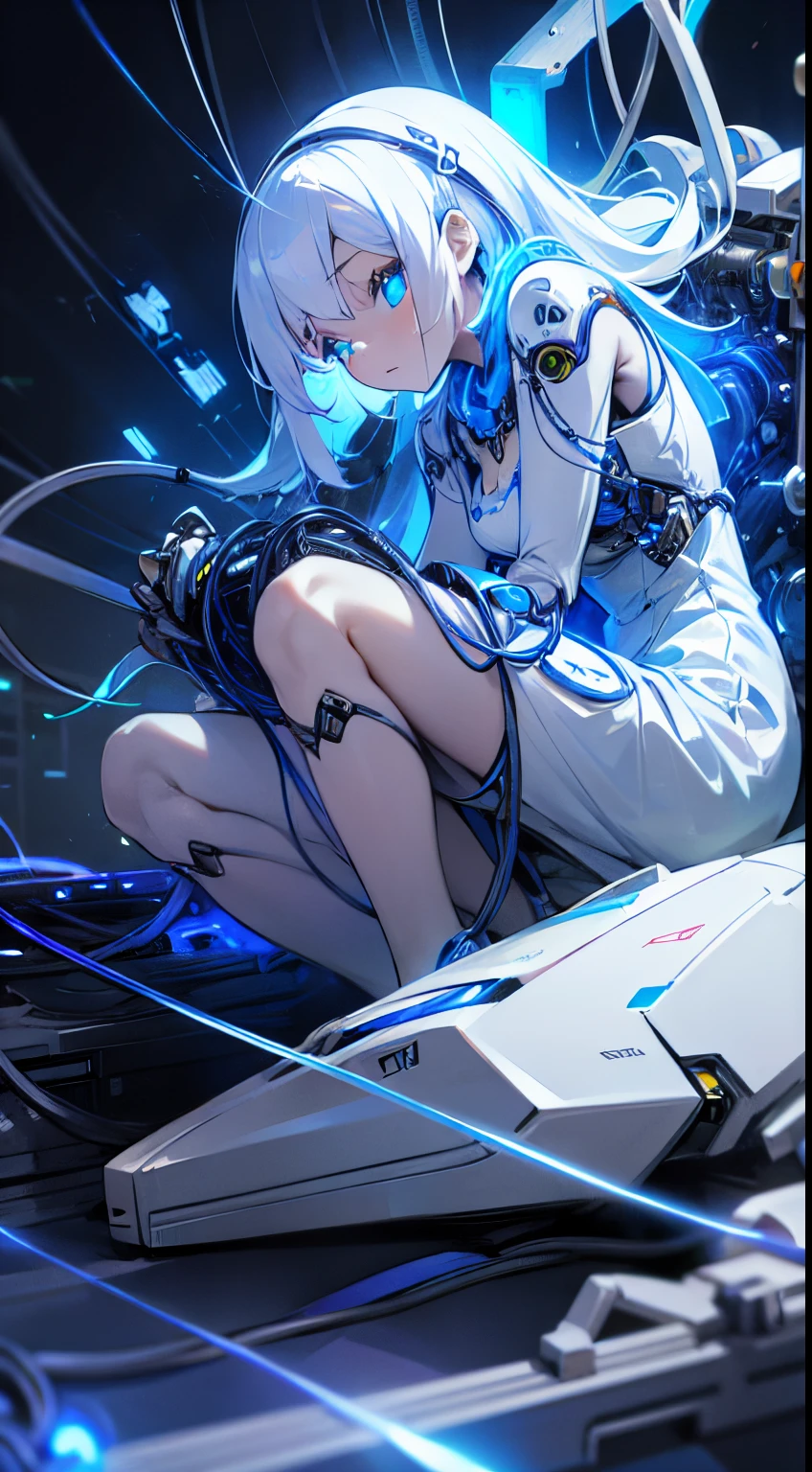 Anime girl sitting on a laptop with a blue light coming out of her - SeaArt  AI