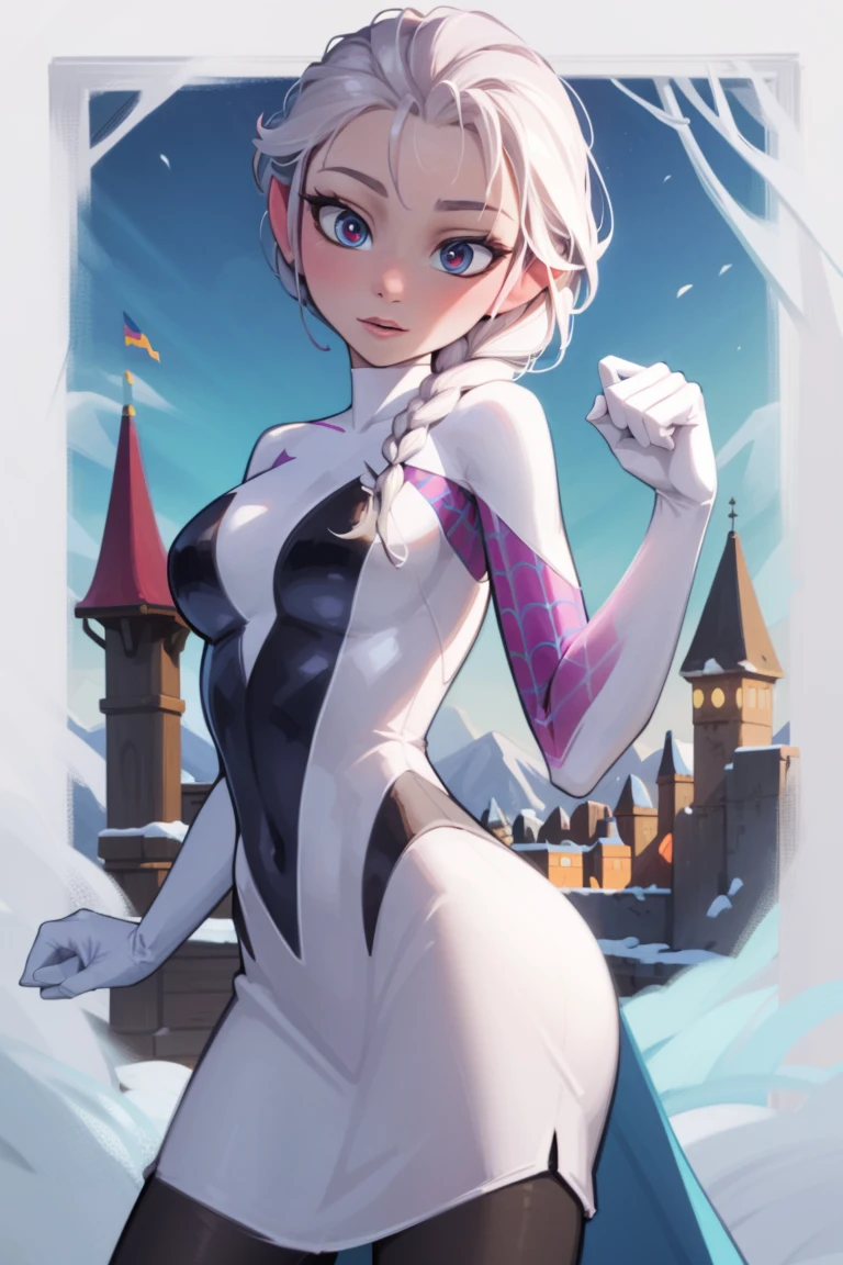 Elsa of arendelle wearing Spidergwen-Kostüm, Spidergwen-Kostüm, blaues Icey Kostüm, flechten, menschlich, Elsa of arendelle