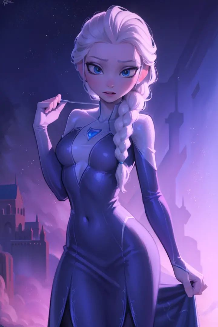 elsa of arendelle wearing spidergwen costume, spidergwen costume, blue icey costume, braid