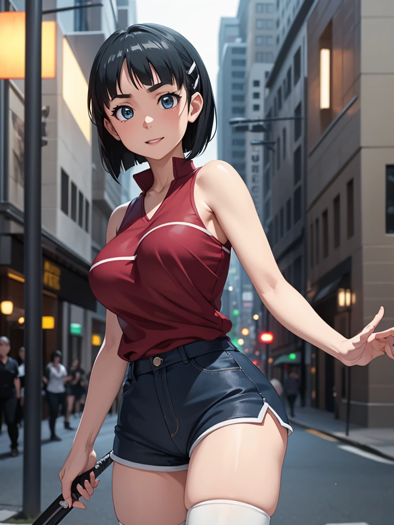 (greatest masterpiece, ultimate quality, ultra-detailed, movie lighting),1girl, solo, super fine illustration, an extremely delicate and beautiful, 8K, 2, short black hair, blue eyes, pale skin, cute smile, wearing tanktop, hot pants, black knee high socks, zettai ryouiki, perfect female body, standing in downtown street, surrounded by crowd of people, dynamic composition, delicate lighting, highly detailed background, Kirigaya Suguha, Suguha, short hair, black hair, dark grey eyes, sword art online, Large breasts, bangs, eyebrows visible through hair, hairclips,