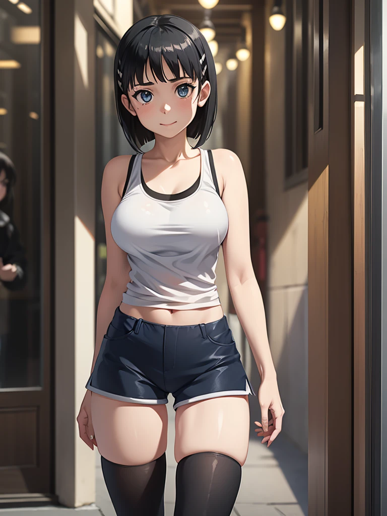 (greatest masterpiece, ultimate quality, ultra-detailed, movie lighting),1girl, solo, super fine illustration, an extremely delicate and beautiful, 8K, 2, short black hair, blue eyes, pale skin, cute smile, wearing tanktop, hot pants, black knee high socks, zettai ryouiki, perfect female body, standing in downtown street, surrounded by crowd of people, dynamic composition, delicate lighting, highly detailed background, Kirigaya Suguha, Suguha, short hair, black hair, dark grey eyes, sword art online, Large breasts, bangs, eyebrows visible through hair, hairclips,