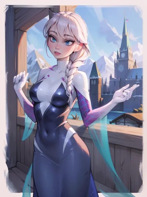 Elsa of arendelle, wearing spidergwen costume, spidergwen costume, elsa of arendelle, blue ice dress, single braid, human ears, ...