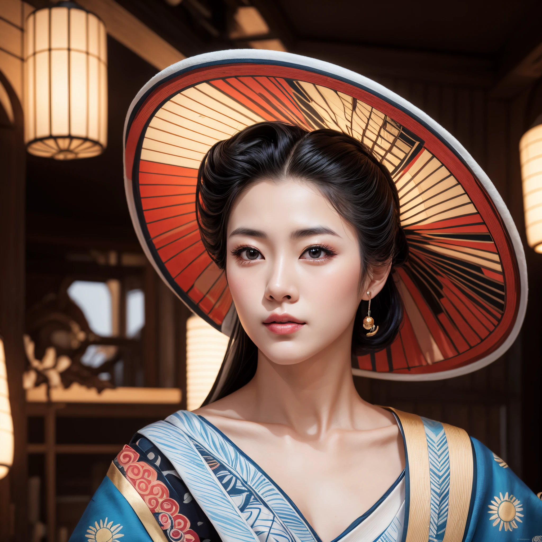 a beautiful Japanese woman, black hair, full lips, full breasts, silky skin, beautiful eyes, wearing a low-cut blue kimono, and wearing a hat, earrings, elegant Japanese woman, beautiful realistic art, a beautiful Japanese lady, beautiful hyperrealistic art , Ultra-realistic geisha portrait, Beautiful Japanese woman well detailed, Portrait of a beautiful geisha intricate details, high-quality beautiful Japanese girl, 8k.