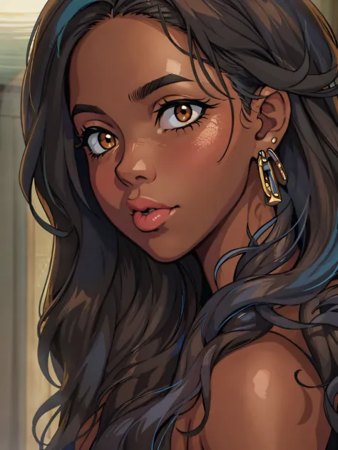 (best quality, masterpiece, illustration:1.1), [[[1girl]]], black teenage girl, big boobs, round brown eyes, long hair, [[[blue ...