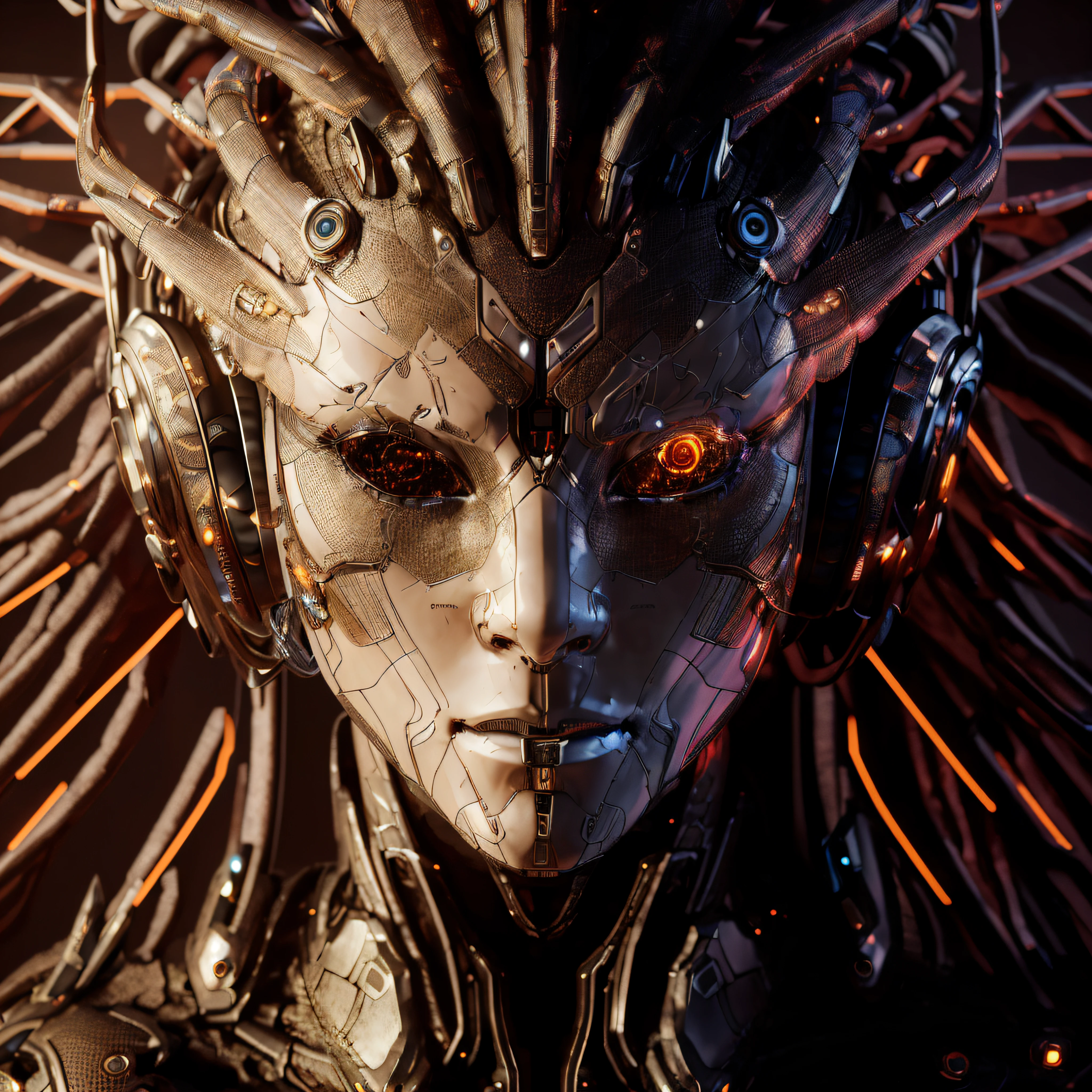 there is a robot with headphones on and a glowing face, unreal engine render + a goddess, unreal engine character art, detailed humanoid, cyberpunk medusa, cybernetic and highly detailed, unreal engine 5 digital art, portrait of a cyborg queen, unreal 6 breathtaking detailed, sci - fi character, cyberpunk robotic elvish queen, made in unreal engine 5