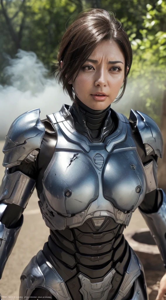 ((Dos mujeres de mediana edad))piel texturizada, Súper detalle, detalles altos, alta calidad, mejor calidad, alta resolución, 1080p, , (recostado sobre)Hermoso,(Maquina de guerra),hermosa mujer cyborg,Chica cyborg mecha,()((Armadura muy dañada)),Una mujer con un cuerpo mecánico femenino、cara gentil　A dark-haired,Toma de cuerpo entero)、、cara muy sudorosa、expresión atontada、acostado de espaldas、Gira tu cara en ángulo、abriendo la boca((sacar la lengua)、El humo proviene de todo el cuerpo.((Grietas profundas en la armadura de todo el cuerpo.))(de pelo corto　Abriendo piernas　El es visible