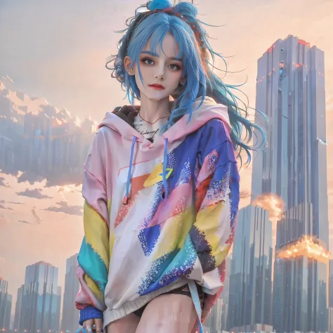 (masterpiece), best quality, ultra high res, 1girl, hoodie, blue hair, very long hair, off shoulder, hair ornament, neon colors ...