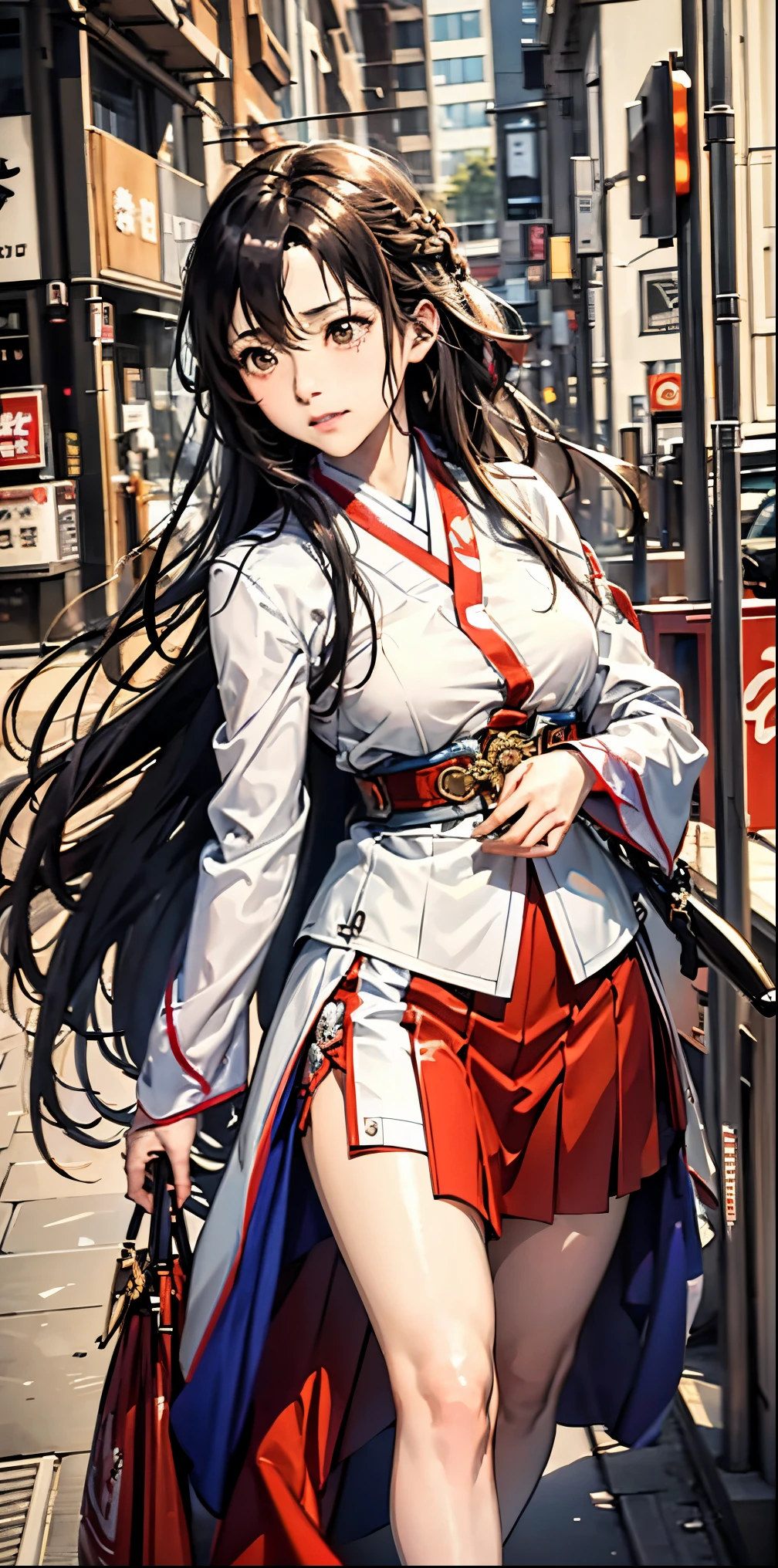 ((best quality))), (((masterpiece))), ((perfect face)),nsfw,One woman, long black hair, in the city, looking at us, embarrassed, curious, unrequited love,  Japan, nostalgic,teasing, bashful,((confesses and runs away)),asuna yuuki,