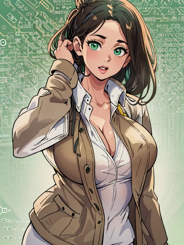 (best quality, masterpiece, illustration:1.1), [[[1girl]]], black bun haired jewish girl, (((big boobs))), huge , [[[big nose!]]], big nose, (wearing white shirt and pale olive jacket along with brown pants), beautiful, highly detailed, 4k, perfect body, rich quality, hd, ultrahd, full body, idle pose, green eyes