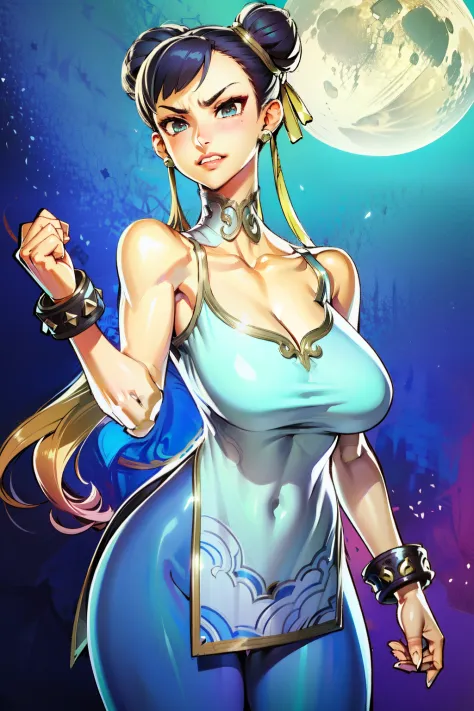 waifu, masterpiece, curvy, breasts, moon, full moon, gloves, 1girl, clenched teeth, chun-li, cleavage, large breasts, teeth, aqu...