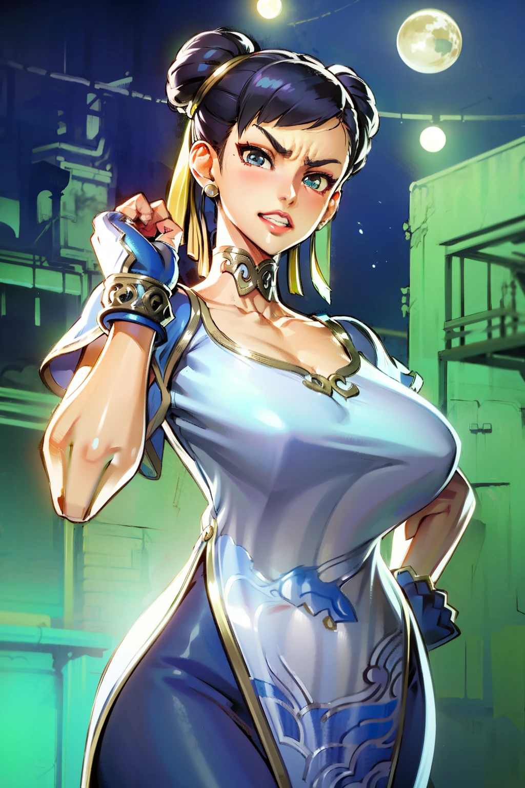 Waifu, masterpiece, curvy, breasts, moon, full moon, gloves, 1girl, clenched teeth, chun-li, cleavage, large breasts, teeth, aqua hair, red gloves, tank top, blue eyes, rating:explicit,rule34, hardcore, ,,clenched hands, punching, night, sky, jumpsuit, pants, bare shoulders, blue hair, clenched hand, rating:questionable, short hair, belt, green hair, solo, angry, orange gloves, lip biting(gigantic and massive tits:1.1), breasts, official illustration, illustration, detailed face, beautiful intricate eyes, curvy milf, 1:2), closeup, titsnipples