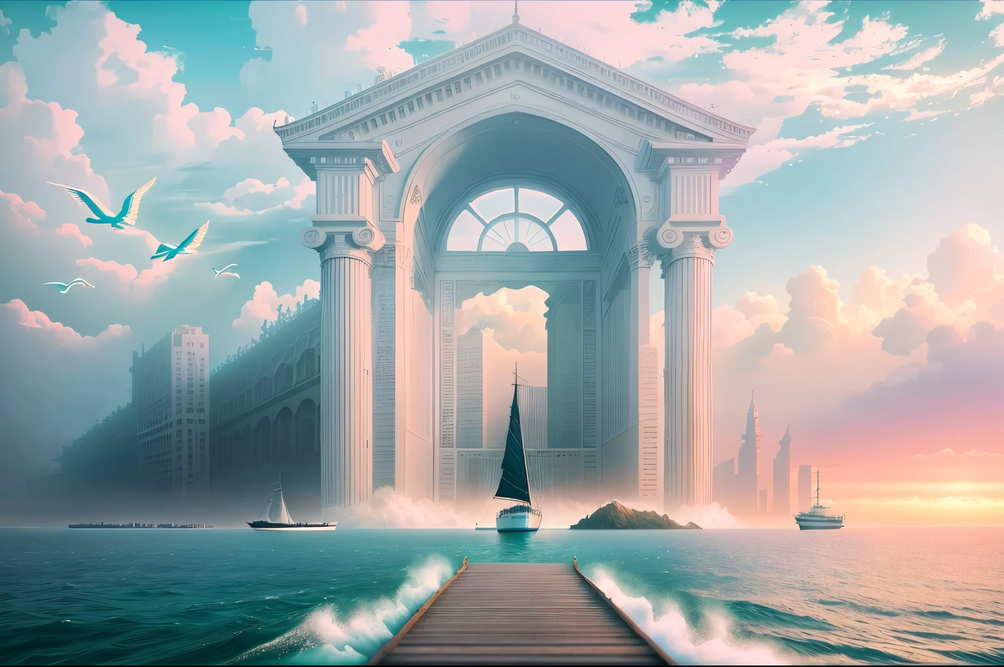 there is a boat that is sailing in the water near a building, vaporwave surreal ocean, surreal scene, surreal mystical atmosphere, surreal composition, surreal dreamscape, portal to the ethereal realm, in a surreal dream landscape, surreal style, inspired by Ivan Aivazovsky, surreal dreamy poetic, mystical setting, surreal design, entrance to ethereal realm