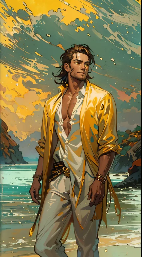 adult man in an unbuttoned shirt and trousers, cloak on the shoulders, neatly dressed, middle aged, tiefling, ((copper skin)), (...