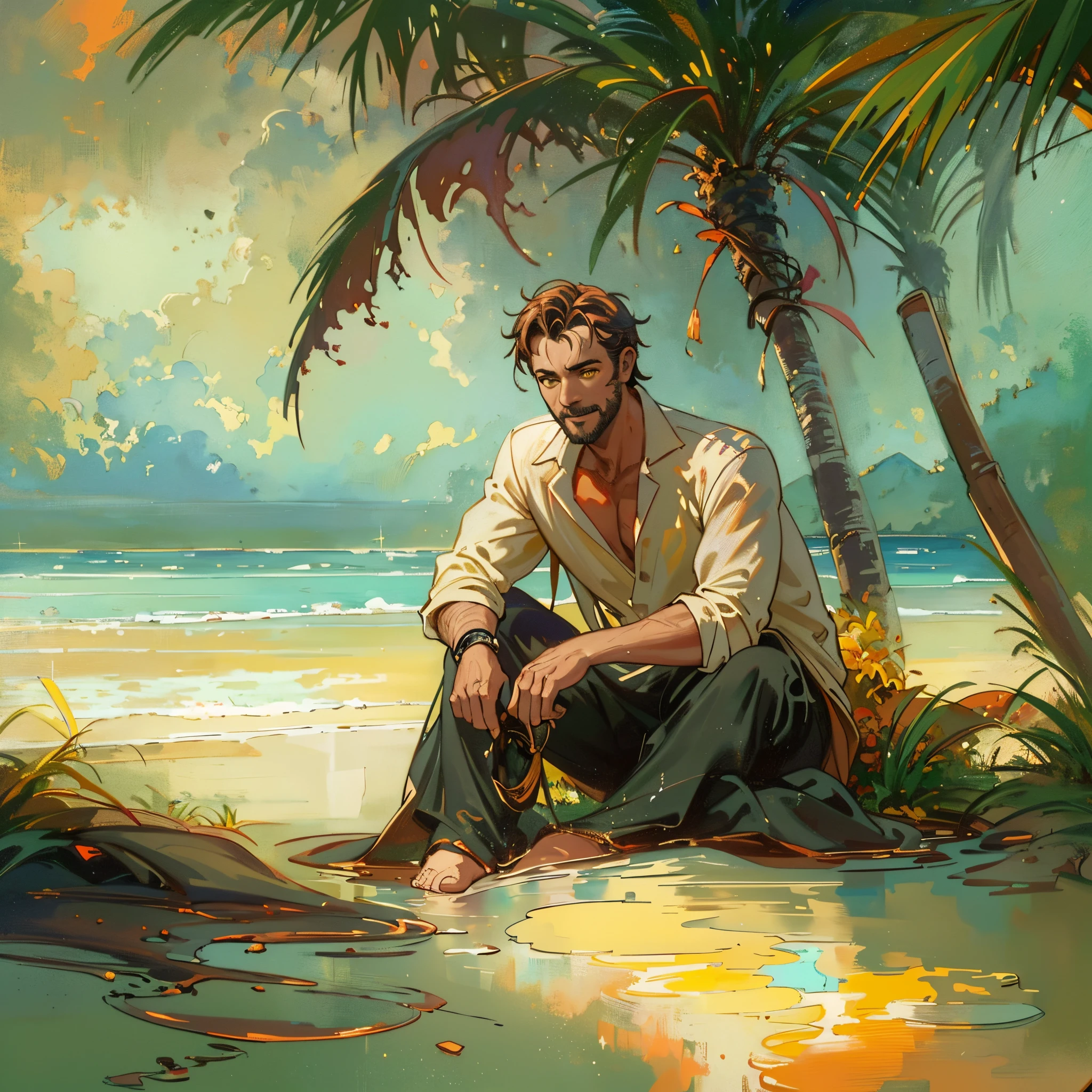 adult man in an unbuttoned shirt and trousers, cloak on the shoulders, neatly dressed, middle aged, tiefling, ((copper skin)), (Yellow eyes:1.3), (dark colored hair, hairlong) ((tropical beach, rest, island, letho), (happy face, ssmile, dreamy, Relaxed). Tropics in the background. fantasy style. reflections, insanely detailed matte painting with rough paint strokes and textures;, by Pino Daeni, by Jeremy Mann, meat_Griffiths, 16K resolution, oil on canvas, visual art, Super Dramatic Light, sharp-focus, emotional, minimalist background, Incoplei, in the style of Mark Demsteder