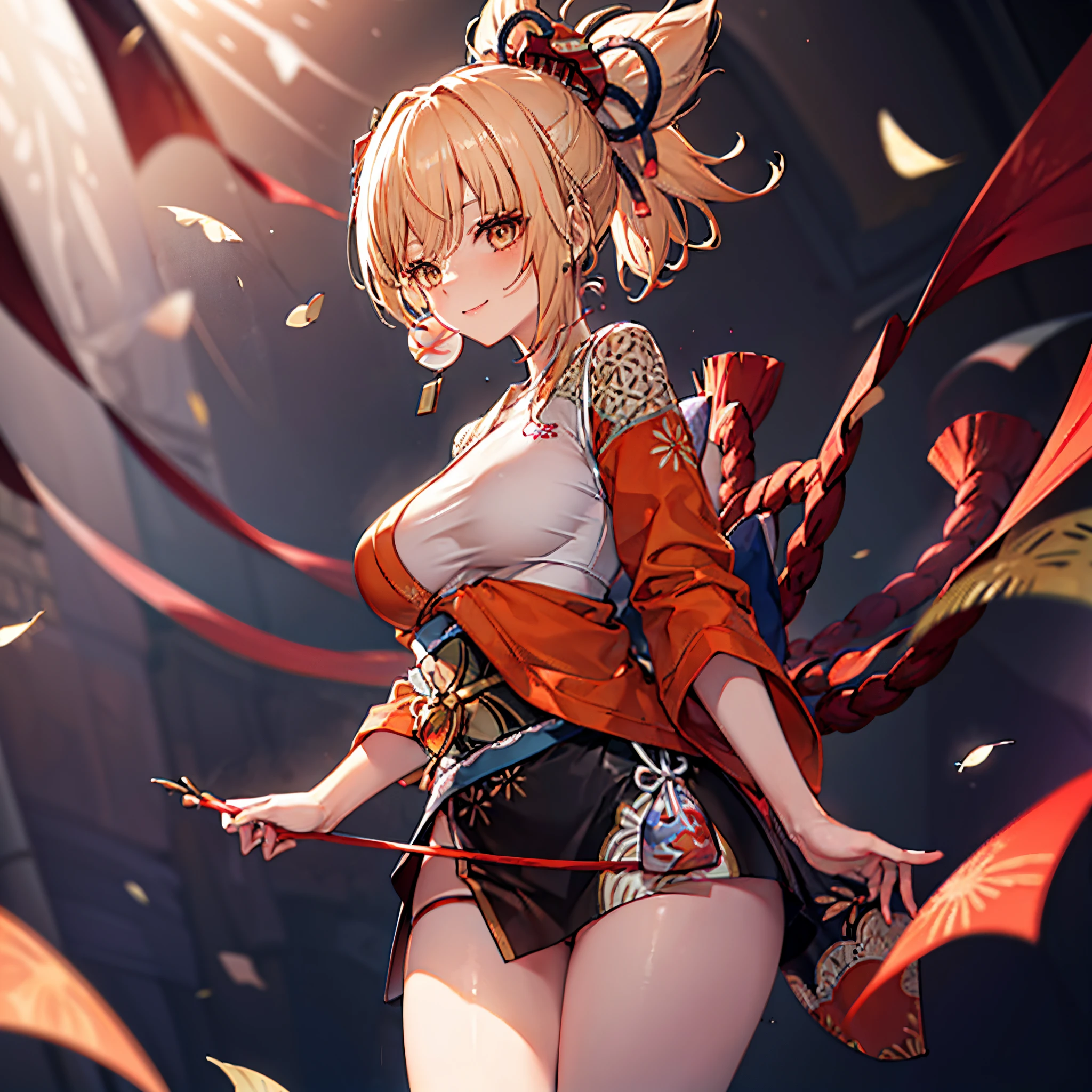 Realistic image, Detailed image, 1 girl (Yoimiya). She has short, strawberry blonde hair, cut short, pulled back in a high ponytail and leaves a lock loose on the left side of her face. She wears many festival and fireworks themed hair accessories, her eyes are a golden color and she wears bright orange eyeliner. short red kimono but with only one sleeve worn. Her right sleeve is rolled up past her elbow and tied with a string. The left half of the kimono is wrapped around her waist, and her black floral-patterned sleeve falls behind her around her knees. It is held up by an obi belt and exposes the upper left section of her body. Her chest is wrapped in a sarashi, as is her left forearm and upper thighs, extending down her right leg. Her black obi is tied in a nice knot, but is also decorated with a red string that becomes a large bow behind her. Big breasts, slim waist, wide hips and thick thighs. She is smiling. She's posing with one leg raised while winking. She has her hands raised and her back arched. Bottom view. Panties view. Plain background. Volumetric light. Ambient light.