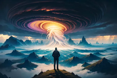 a man standing on a hill looking at a distant castle in a strange landscape, digital art inspired by cyril rolando, trending on ...