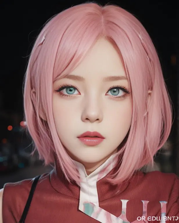 young woman, pale skin, short bubblegum pink hair, jade green eyes, red lips, red clothes, Sakura Haruno, realism, 3d