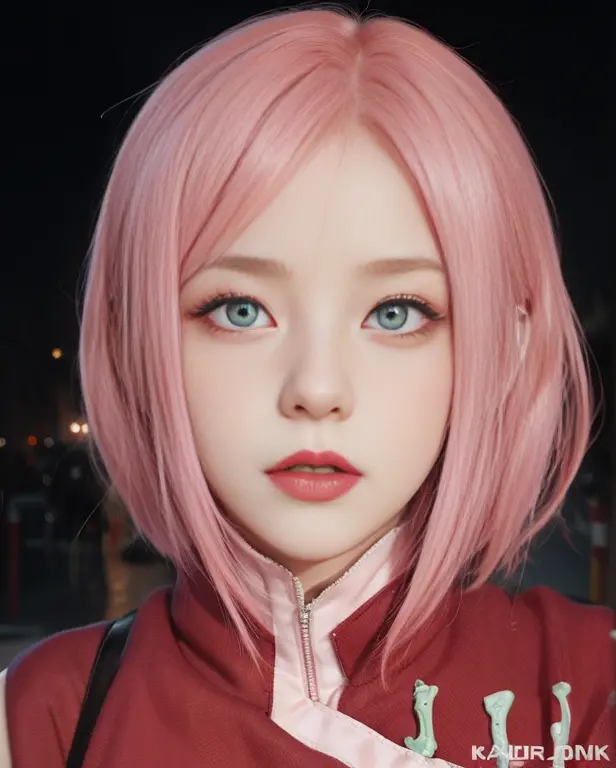 young woman, pale skin, short bubblegum pink hair, jade green eyes, red lips, red clothes, Sakura Haruno, realism, 3d