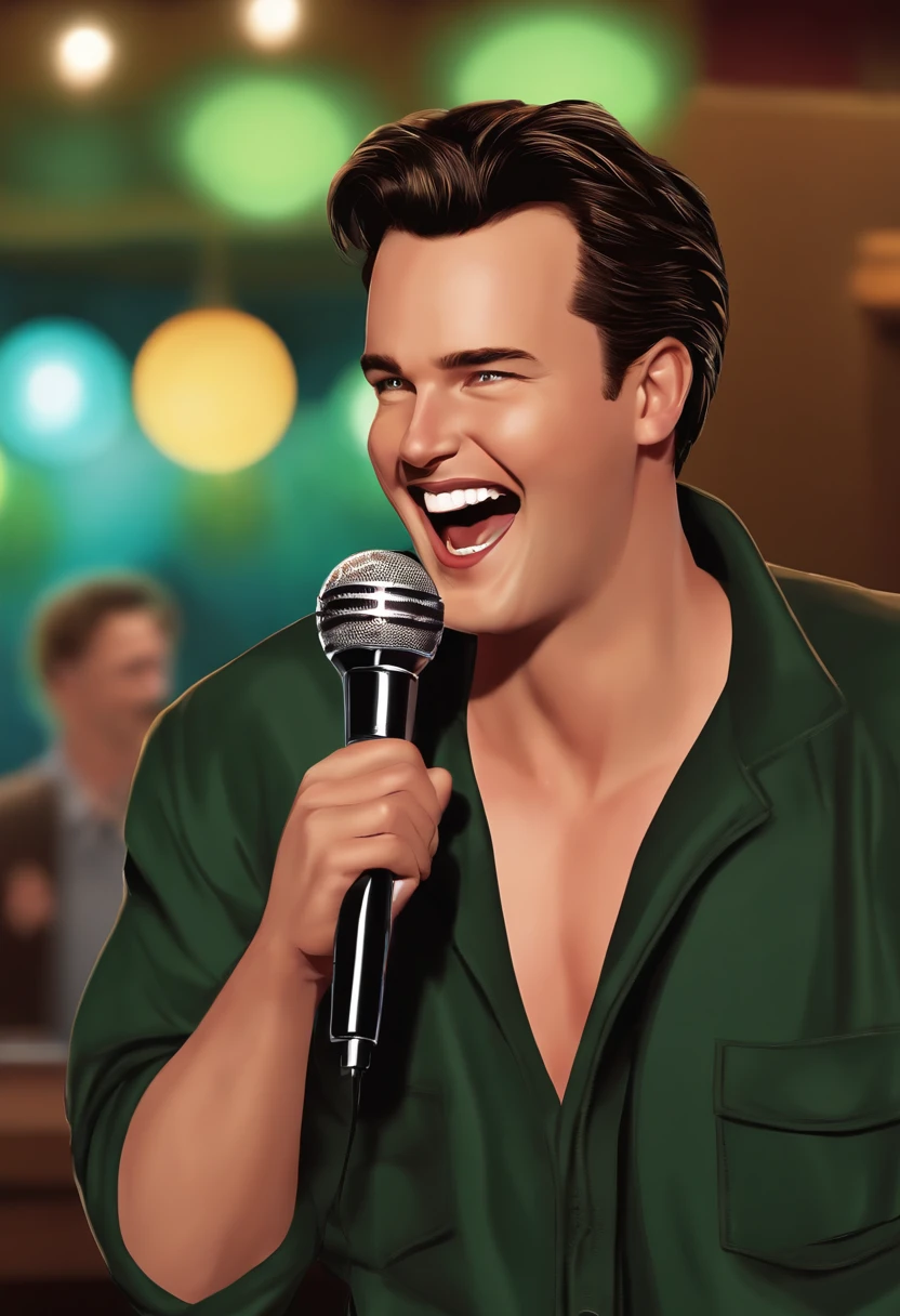 A photo of Chandler at a karaoke bar, holding a microphone and ...