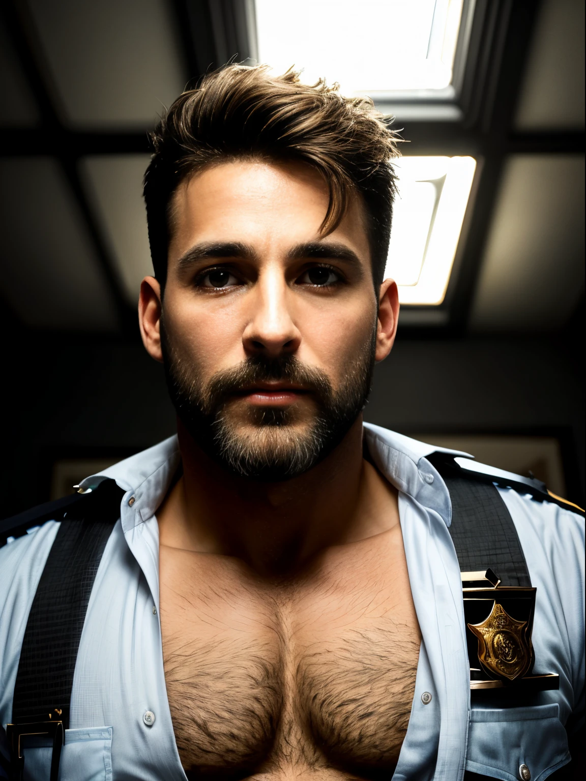 masterpiece, best quality, high resolution, closeup portrait, male focus, solo focus, A man, 40 years old man, in unbuttoned police uniform, cop, police, policeman, blonde bleached hair, messy hairstyle, cute and seductive face, bare chest, body hair, facial hair, roman nose, very skinny body, hairy legs, dimples, goatee, beard, bold jawline , in the background a dark room,  soft light, view from below, amazing composition, front view, HDR, ultra quality, elegant, highly detailed
